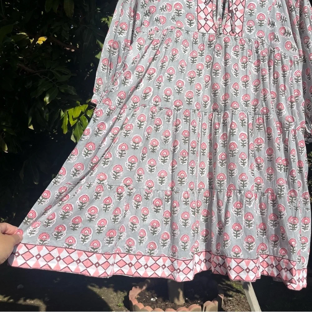 MAREA green pink floral border print cotton puff sleeve tiered mini dress - Picture 4 of 9